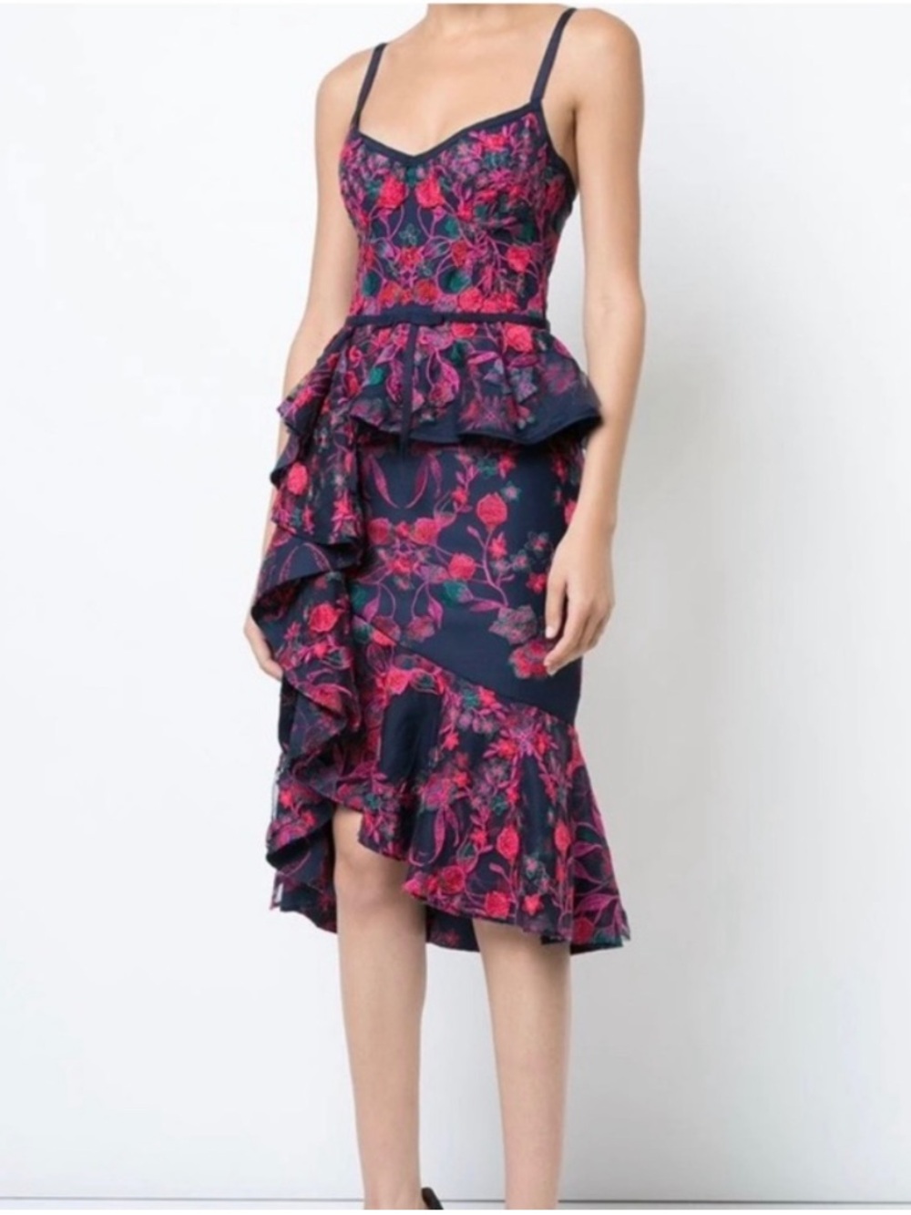 Marchesa Notte Navy Fuchsia Pink Embroidered Floral Corset Cocktail Dress Sz 12